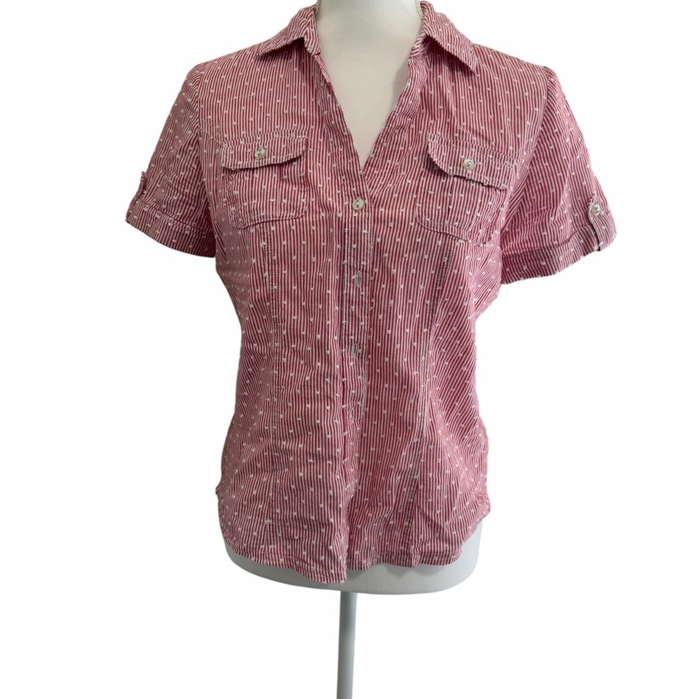 Karen Scott Pink Short-Sleeve Button-Front Shirt with Subtle White Stripe